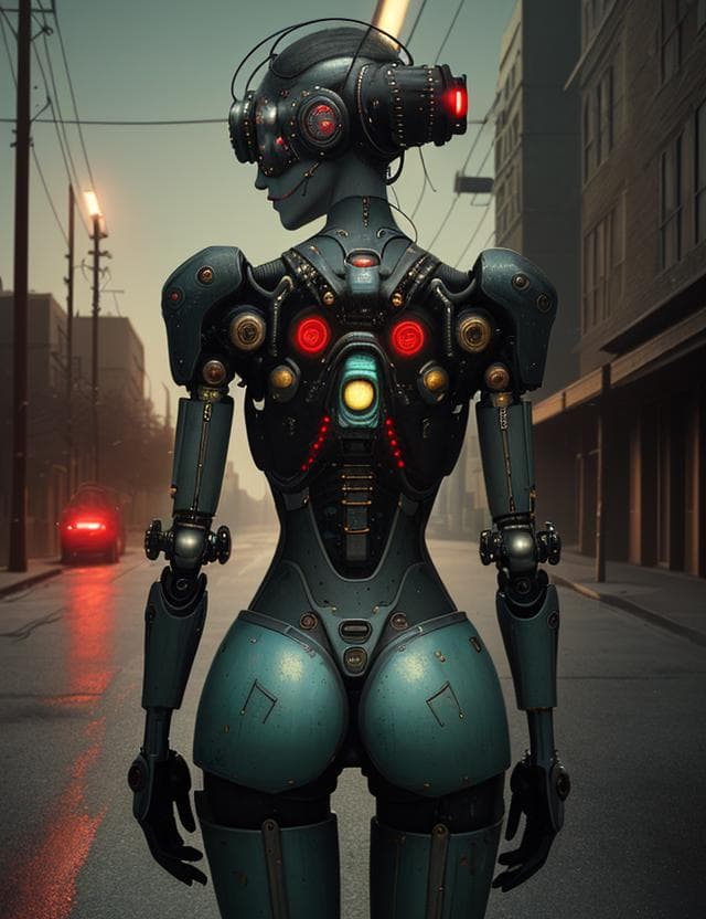 AI generated: woman, Outsider Art, Robotpunk, Streetlights, octane rendering, REDengine engine, Renaissance, Encau...