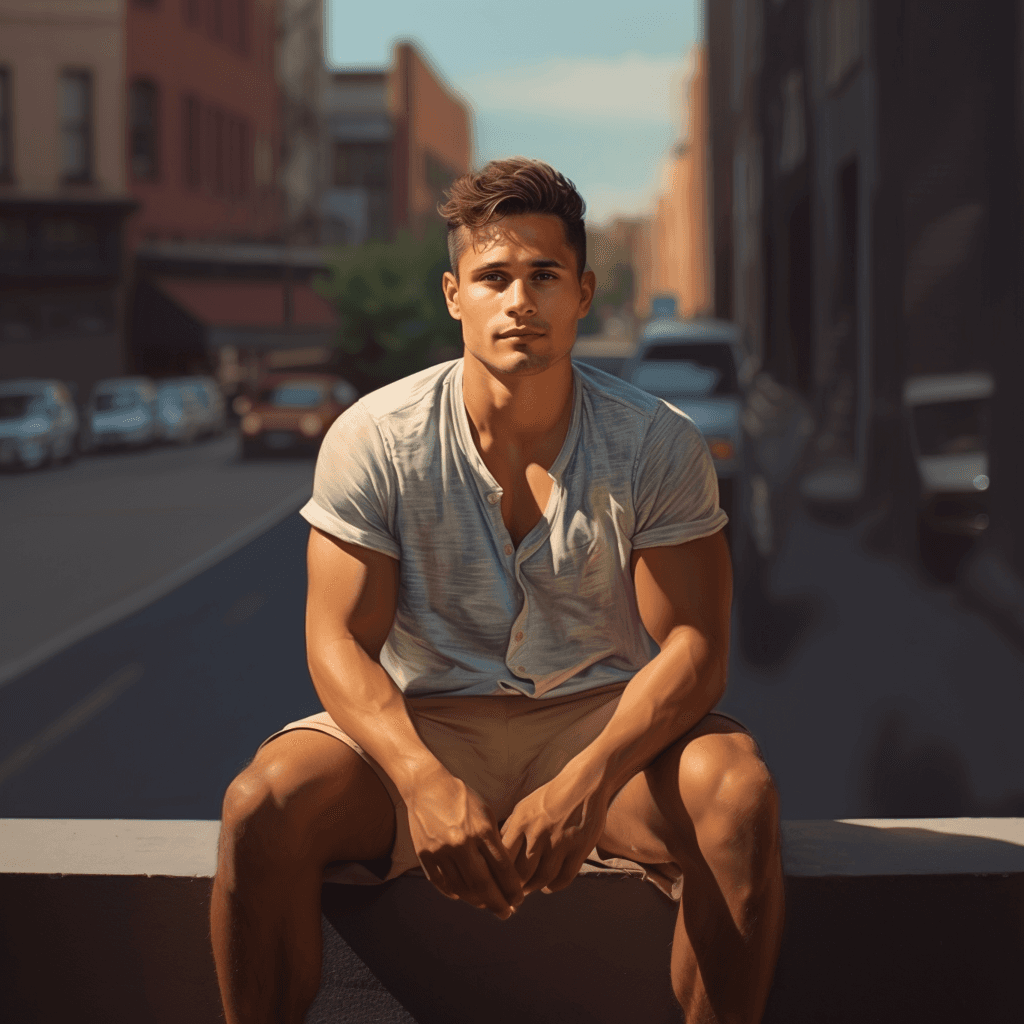 AI generated: handsome man. head to toe, sunny, street, city. gym shorts, tank top, gym shoes. no socks 