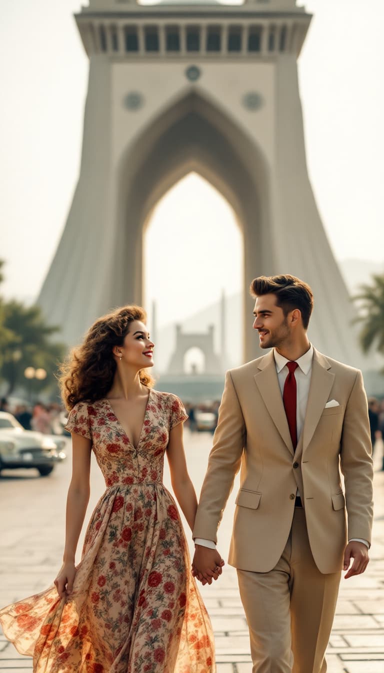 AI generated: The young couple from the 1950s walks hand in hand through Azadi Square (formerly Shahyad Square), t...