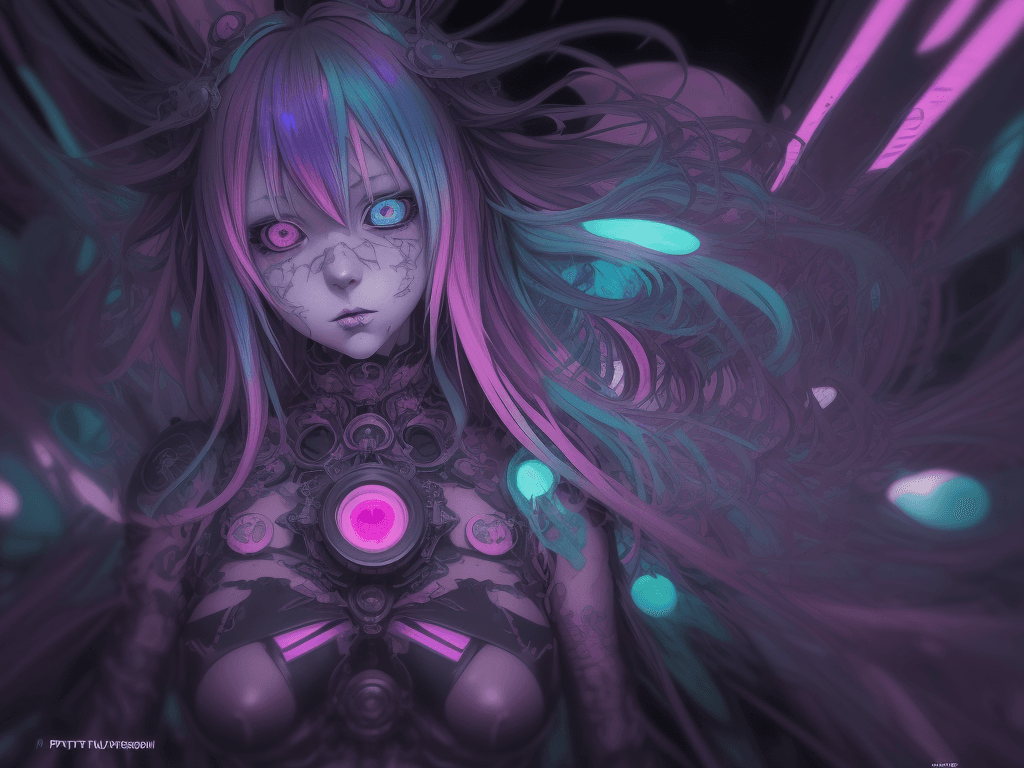 AI generated: illustration of a anime girl imagination, art brut, polychromatic neon, phantasmagoria, vray, polych...