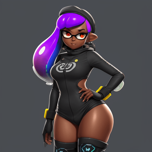 AI generated: Splatoon, inkling, goddess, dark skin, high tech, thick thigh, soldier