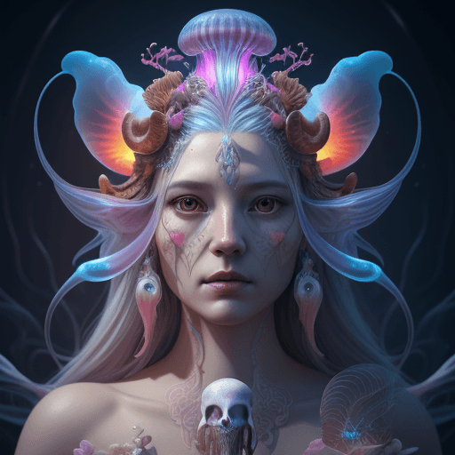 AI generated: Goddess close-up portrait ribcagel. jellyfish phoenix head, nautilus, orchid, skull, betta fish, bio...