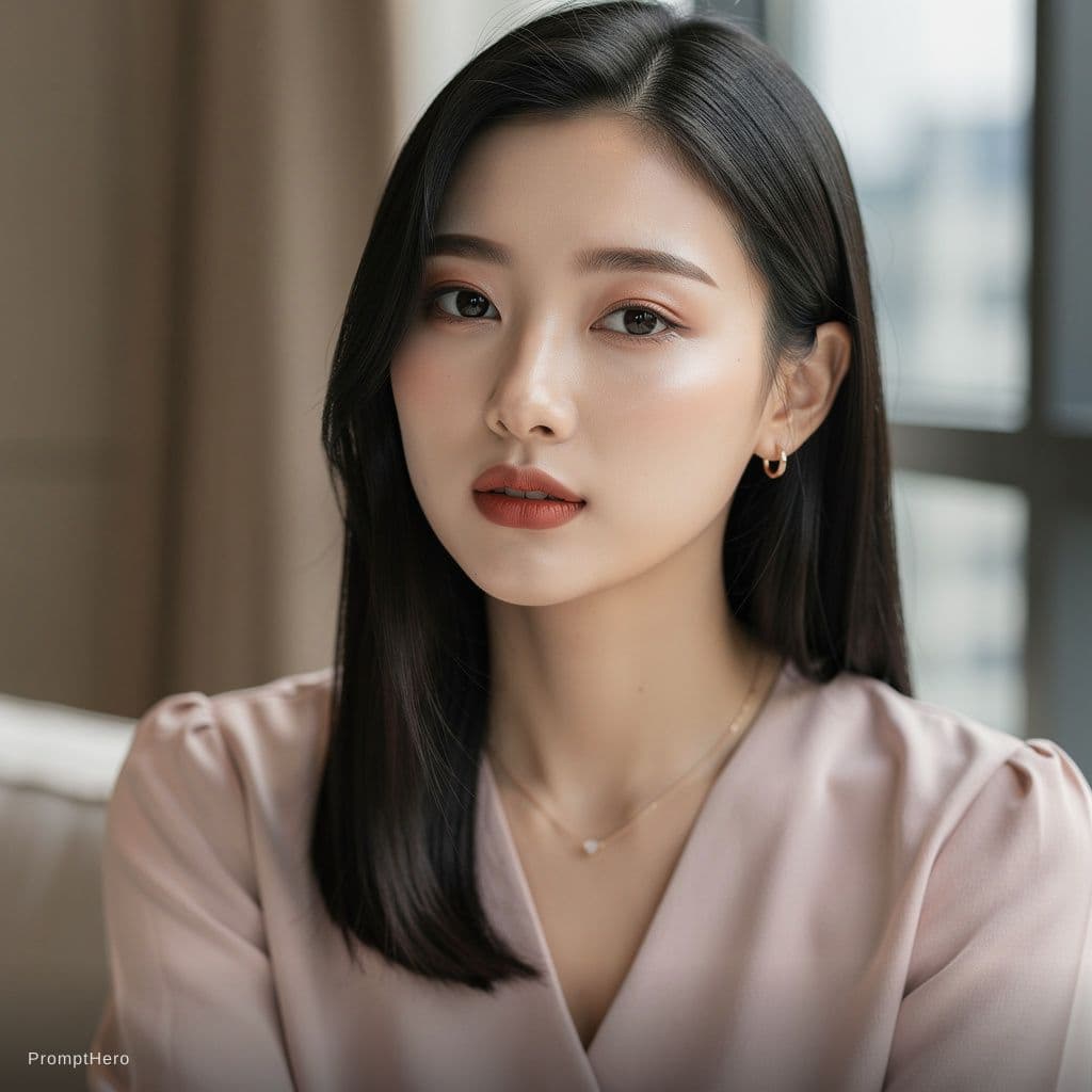 AI generated: A geil with black hair looks beautiful and sexy and hot Korean look 