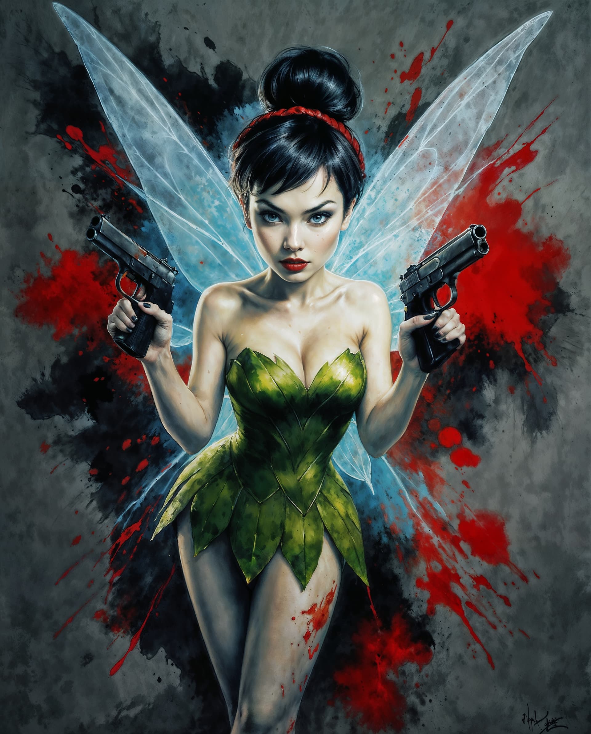 AI generated: A visually striking and cinematic portrayal of Tinker Bell as a femme fatale in a Japanese sumi-e wa...