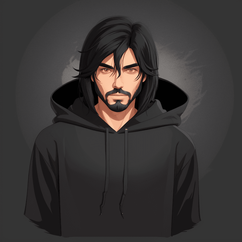 AI generated: Create 1 male character, solo, wearing Hoodie, small short beard, long straight black hair,  simple,...