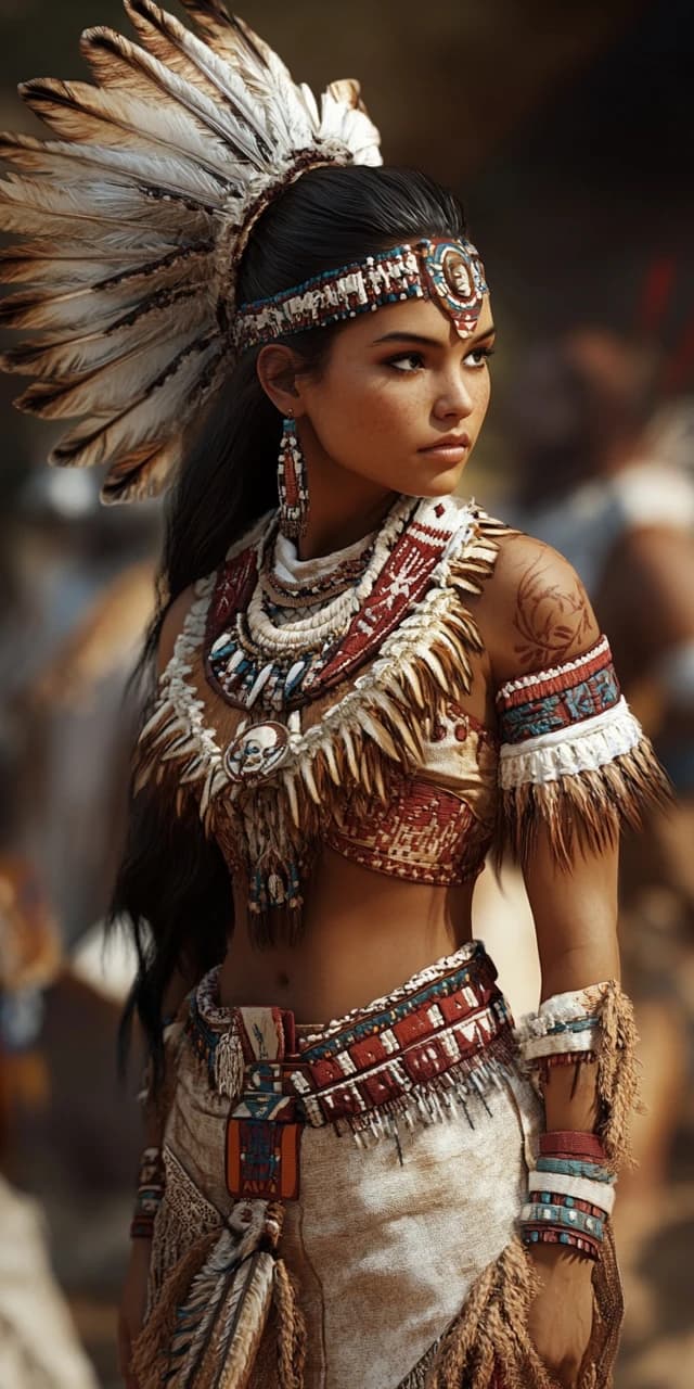 AI generated: a woman adorned in traditional Native American attire, comprising a feathered headdress and various ...