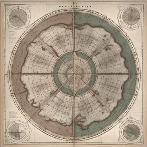 AI generated: An old map showing a large main land in the center. Three islands of different sizes surrounding the...