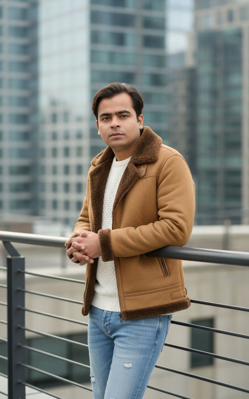AI generated: A stylish male model standing outdoors against a modern urban backdrop. He is wearing a tan shearlin...
