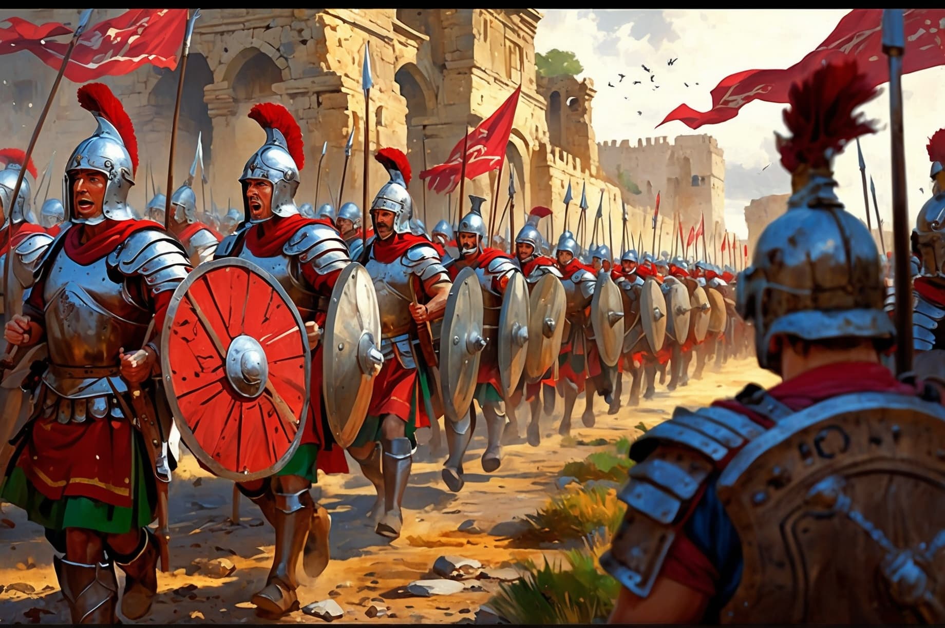 AI generated: The proud Roman army strides through foreign territory, their disciplined ranks a formidable sight t...