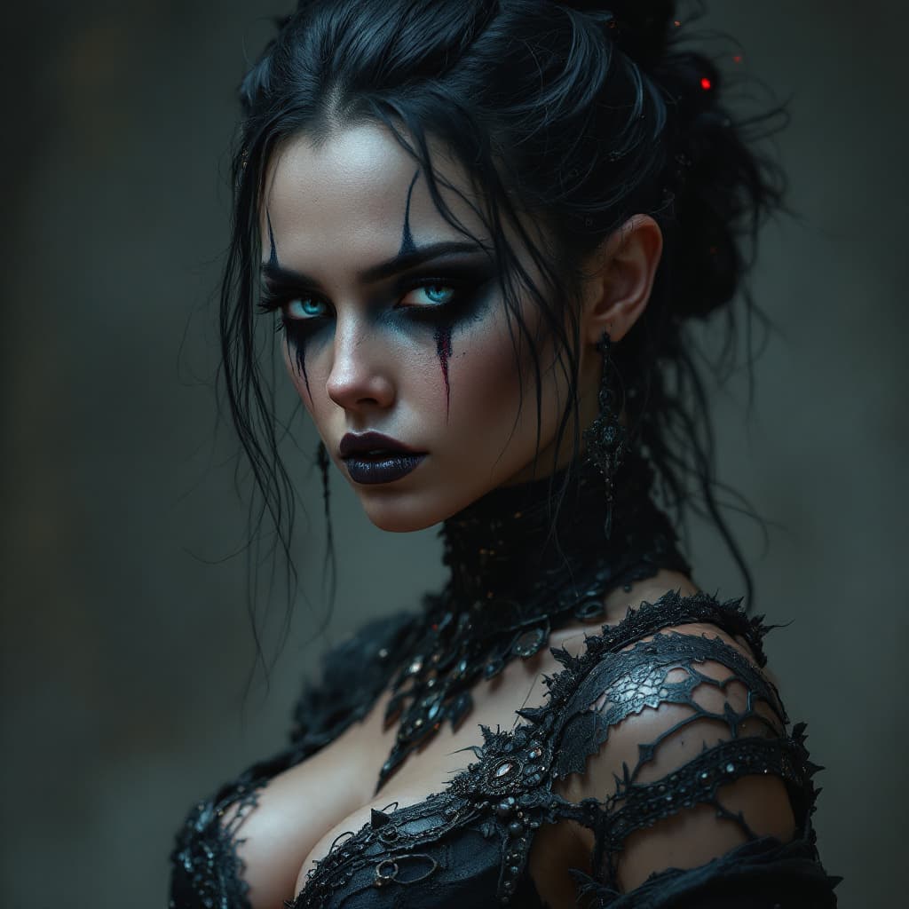 AI generated: Design a photorealistic portrait of a woman with dark makeup and makeup art, set in a dark concept a...