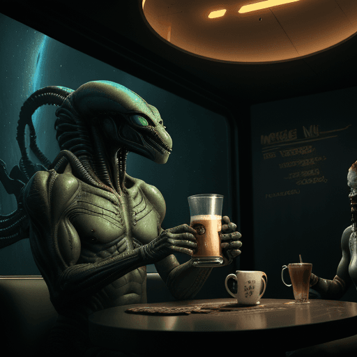 AI generated: Coffee Shop in Space, a Predator from movie Predator (1987) drinking coffee with an Alien from monie...