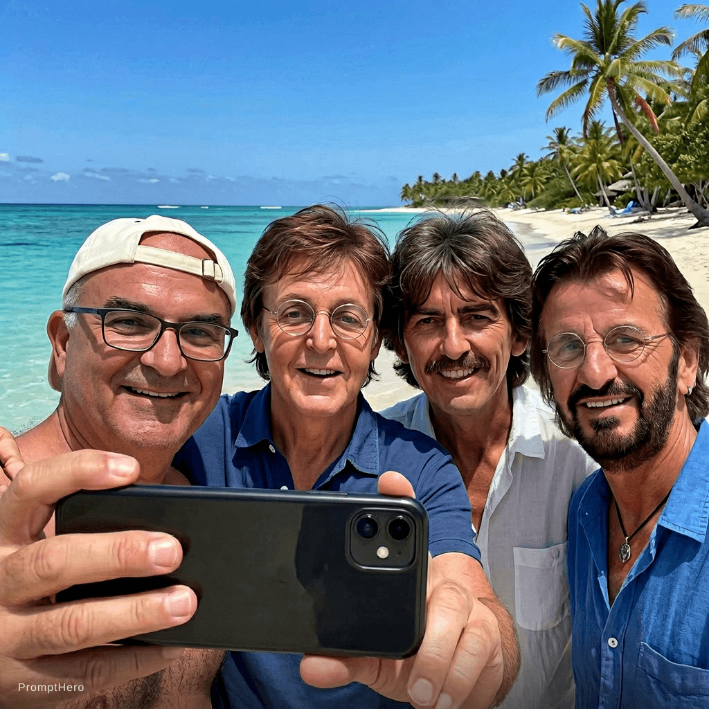 AI generated: with the beatles at a tropical beach, sunny day, both smiling