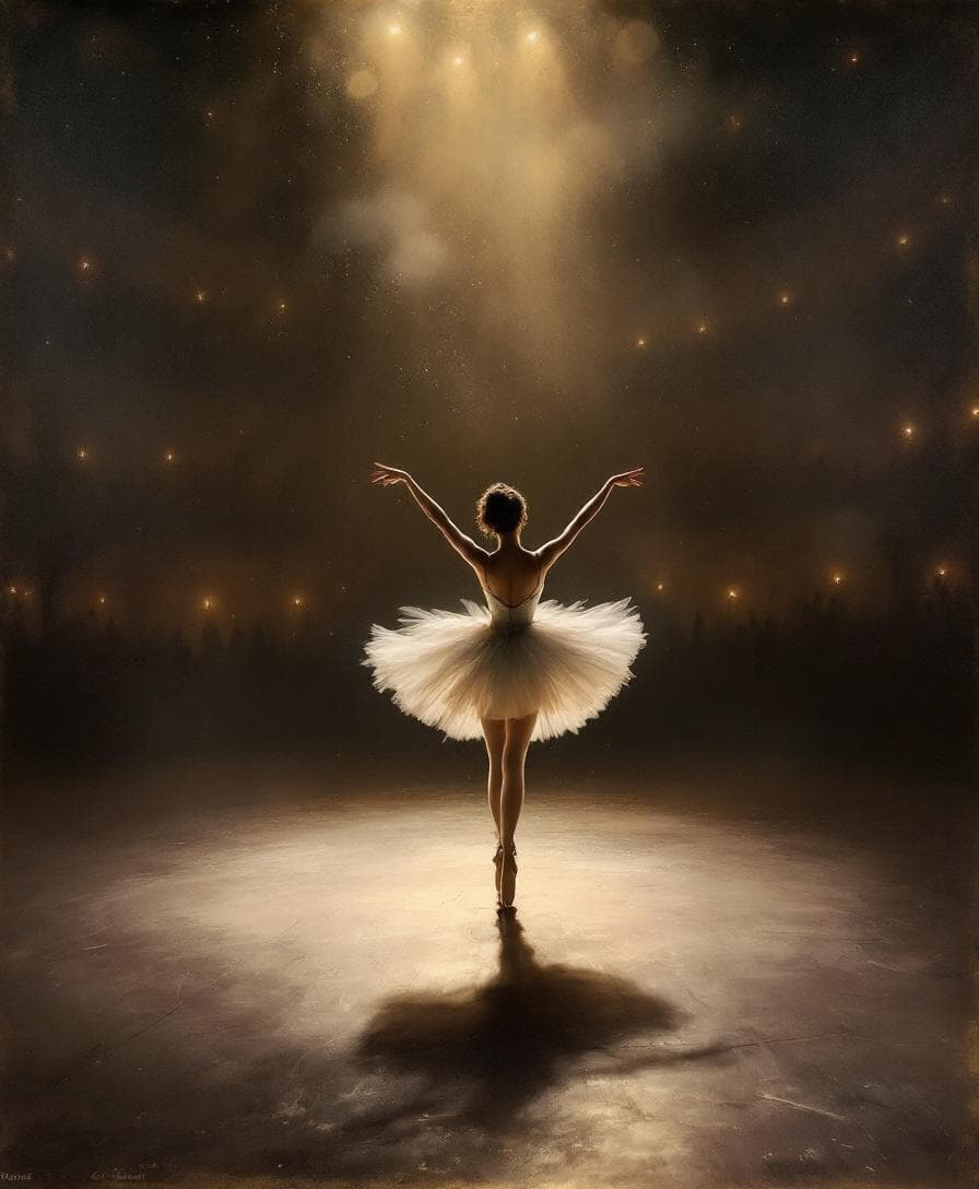 AI generated: A solitary ballerina poised mid-pirouette in an empty, dimly lit theatre, her silhouette radiant aga...
