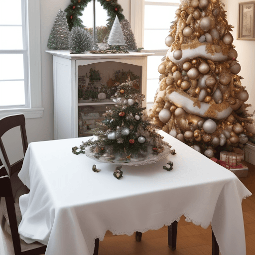 AI generated: a square cabinet in white, along the edge there is a Christmas tree garland with Christmas decoratio...