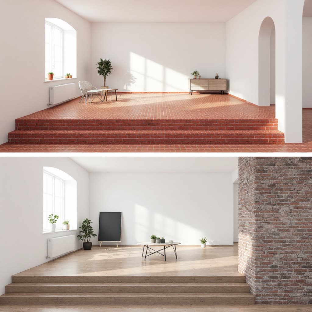 AI generated:  Before & After concept (empty space vs. 3D render) a divided photo  with An empty, unfinished space...