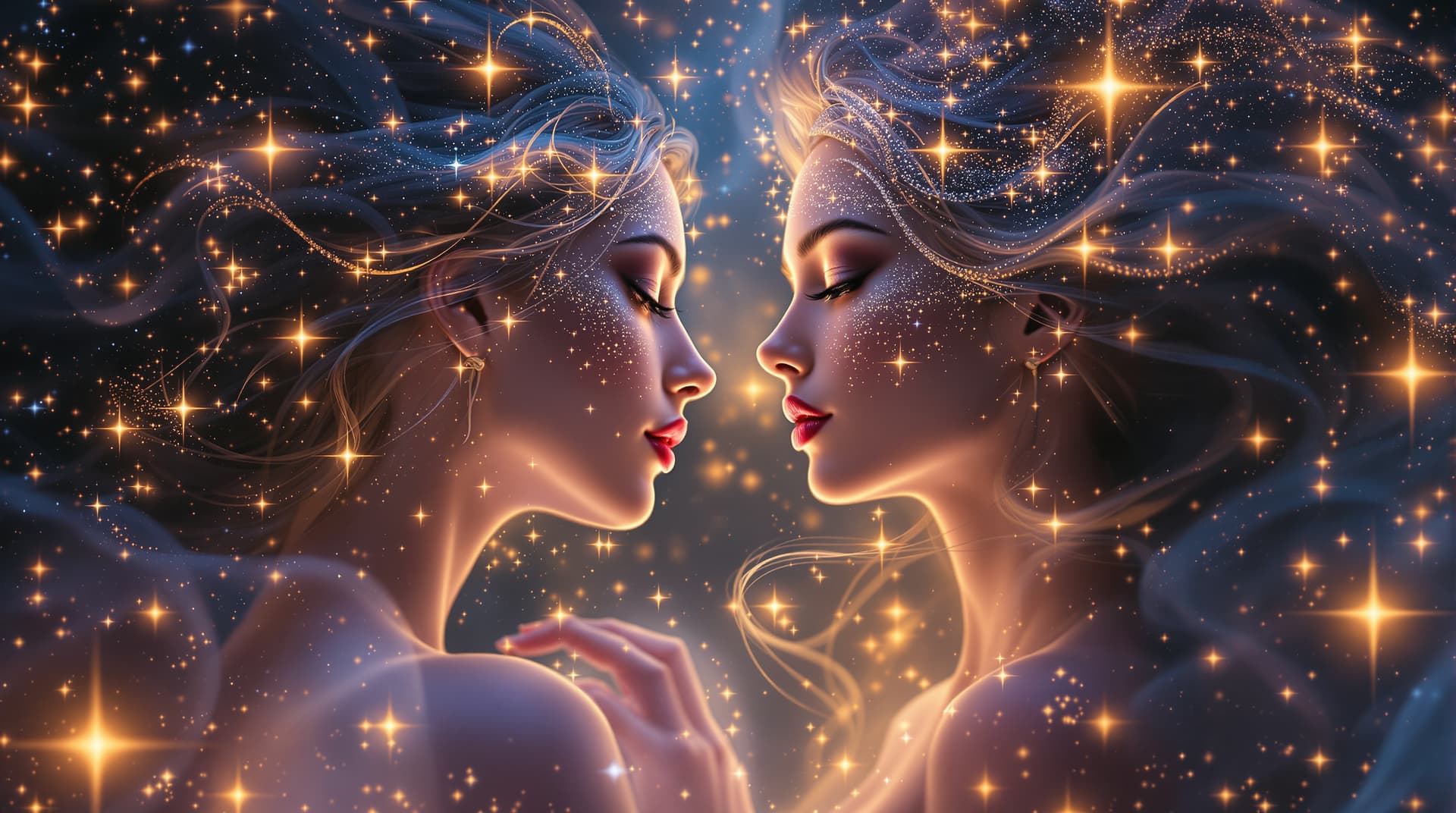AI generated: An ethereal vision of two captivating hyper realistic female figures, bathed in the celestial glow o...