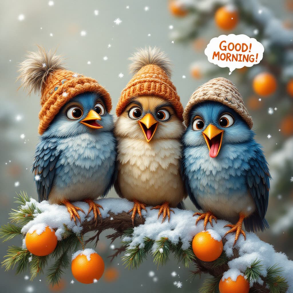 AI generated: An airbrushed oil painting in Disney Pixar style depicting three funny, cartoonish birds of differen...