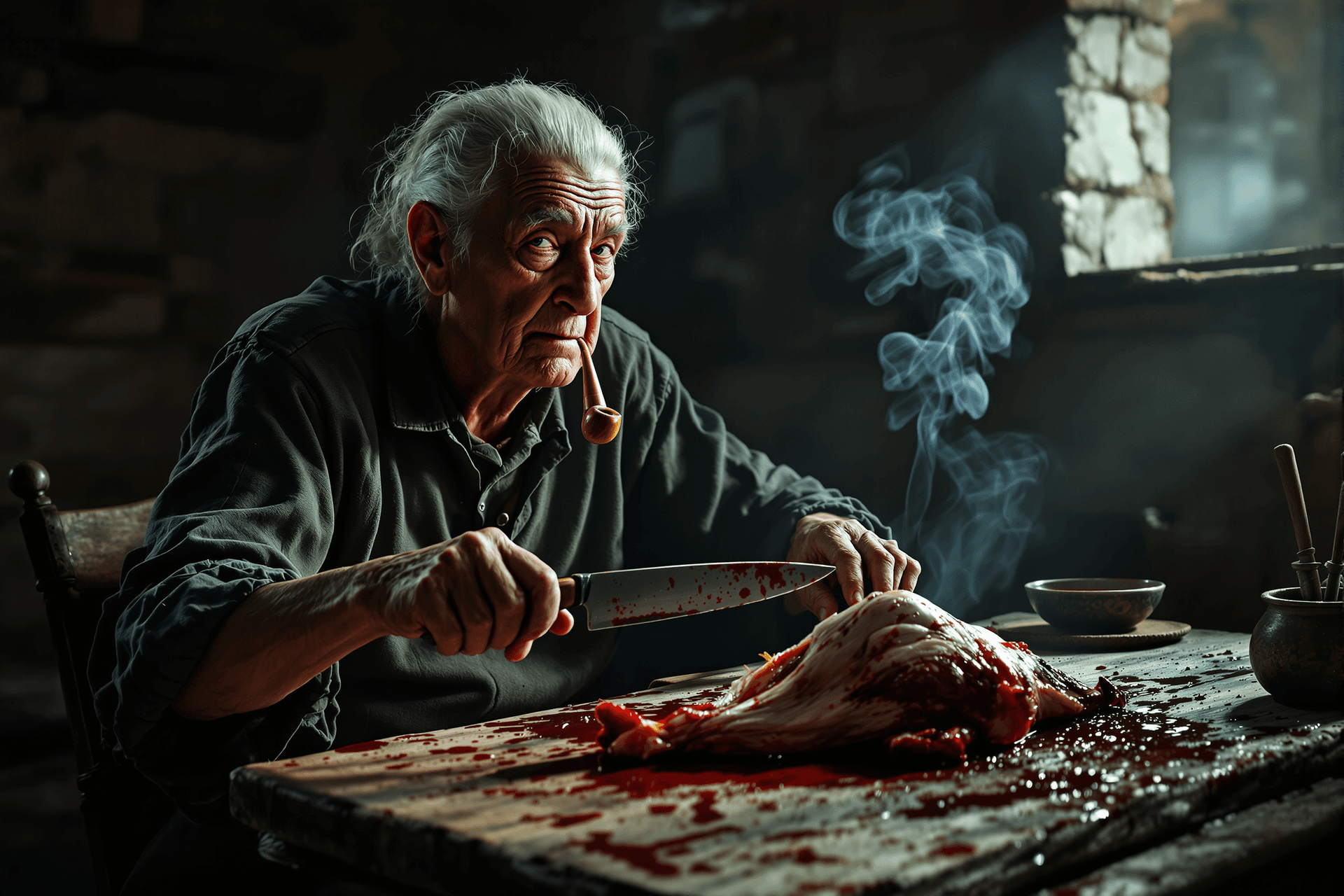 AI generated: Ultra-realistic Dragan style portrait, cinematic wide shot, aspect ratio 3:2. 
An elderly European ...