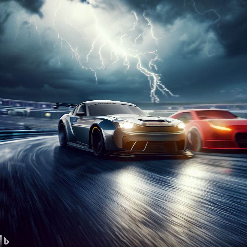 AI generated: Realistic images of cars on a race track in stormy weather with lightning in the background
