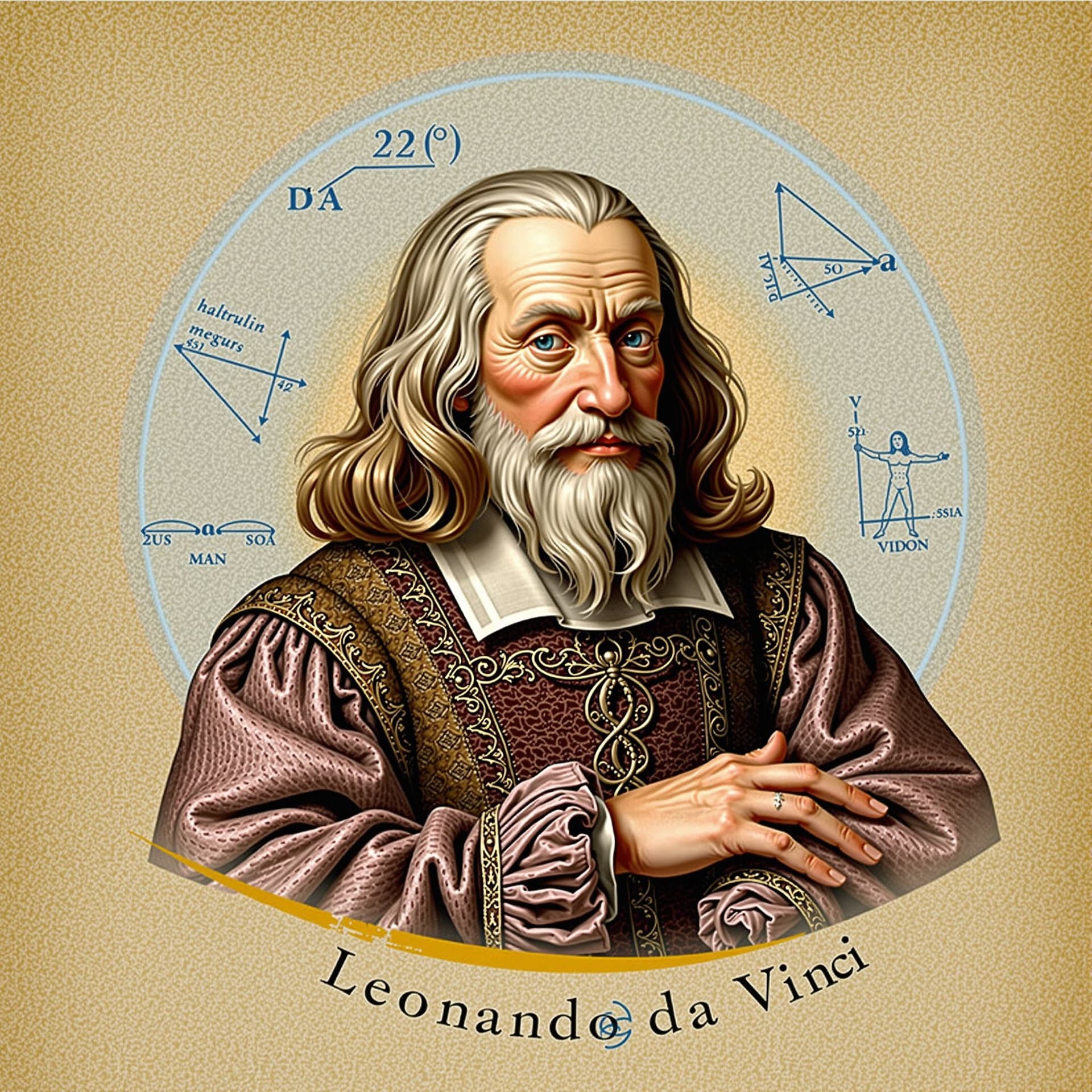 AI generated: "Hyperrealistic portrait of Leonardo da Vinci as an older man, Renaissance attire rendered with extr...