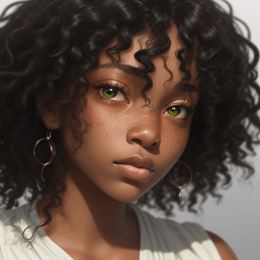 AI generated: Close-up portrait of a black woman hip hop with green eyes, soft features, and dark curly hair with ...