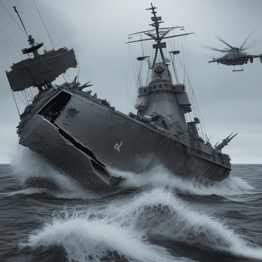 AI generated: Ukrainian penguin partisan destroy a russian warship, artwork, 8k