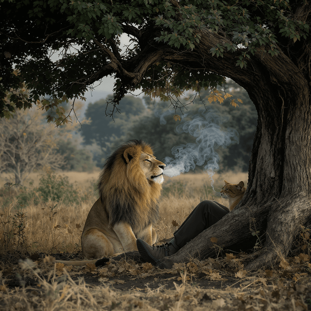 AI generated: a lion sitting under the tree smoking while waiting for a cat near him