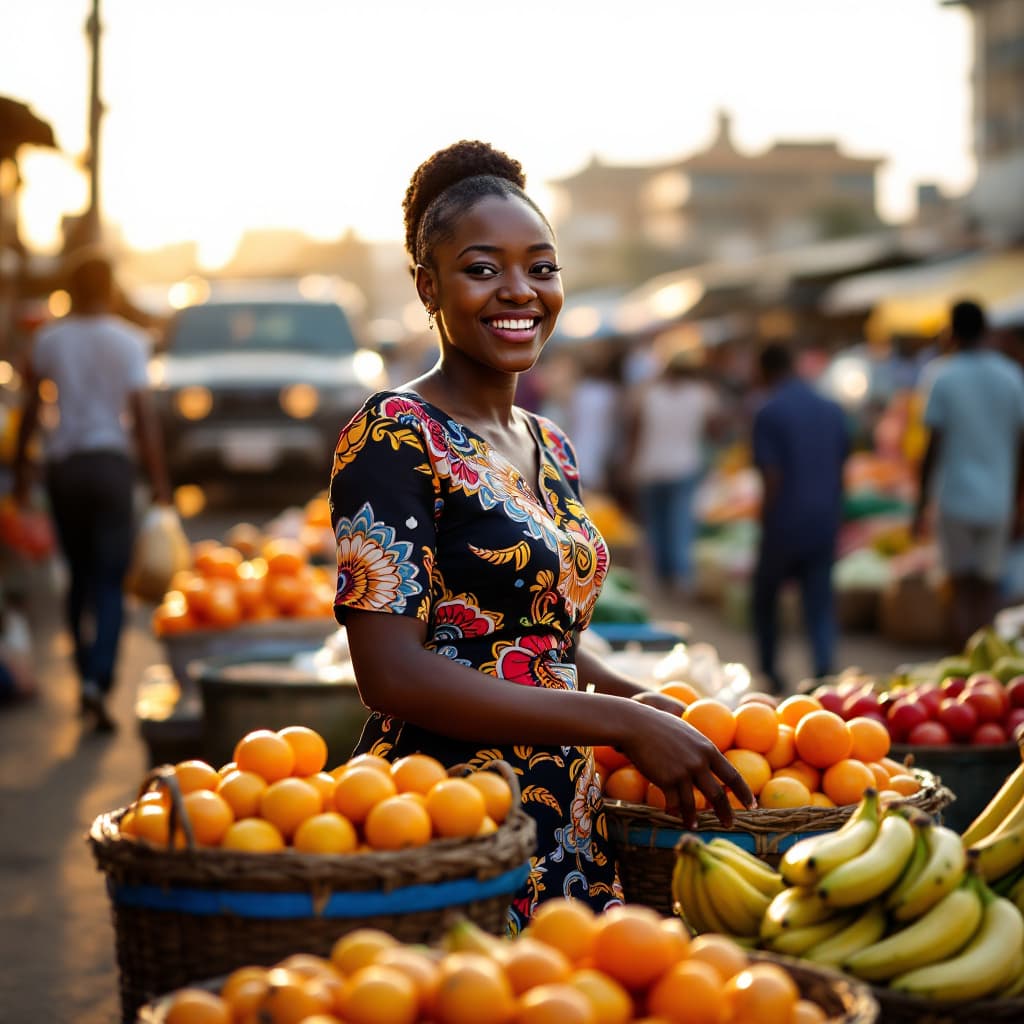 AI generated: ((A young  woman selling fruits at a busy Lagos market)) in the morning, 3K resolution with (side li...