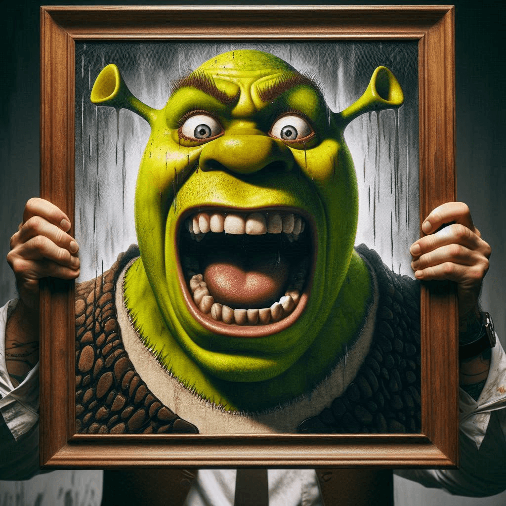 AI generated: Close-up professional cinematic photo of an angry laughing Shrek doing dumb crazy stunts with the wo...
