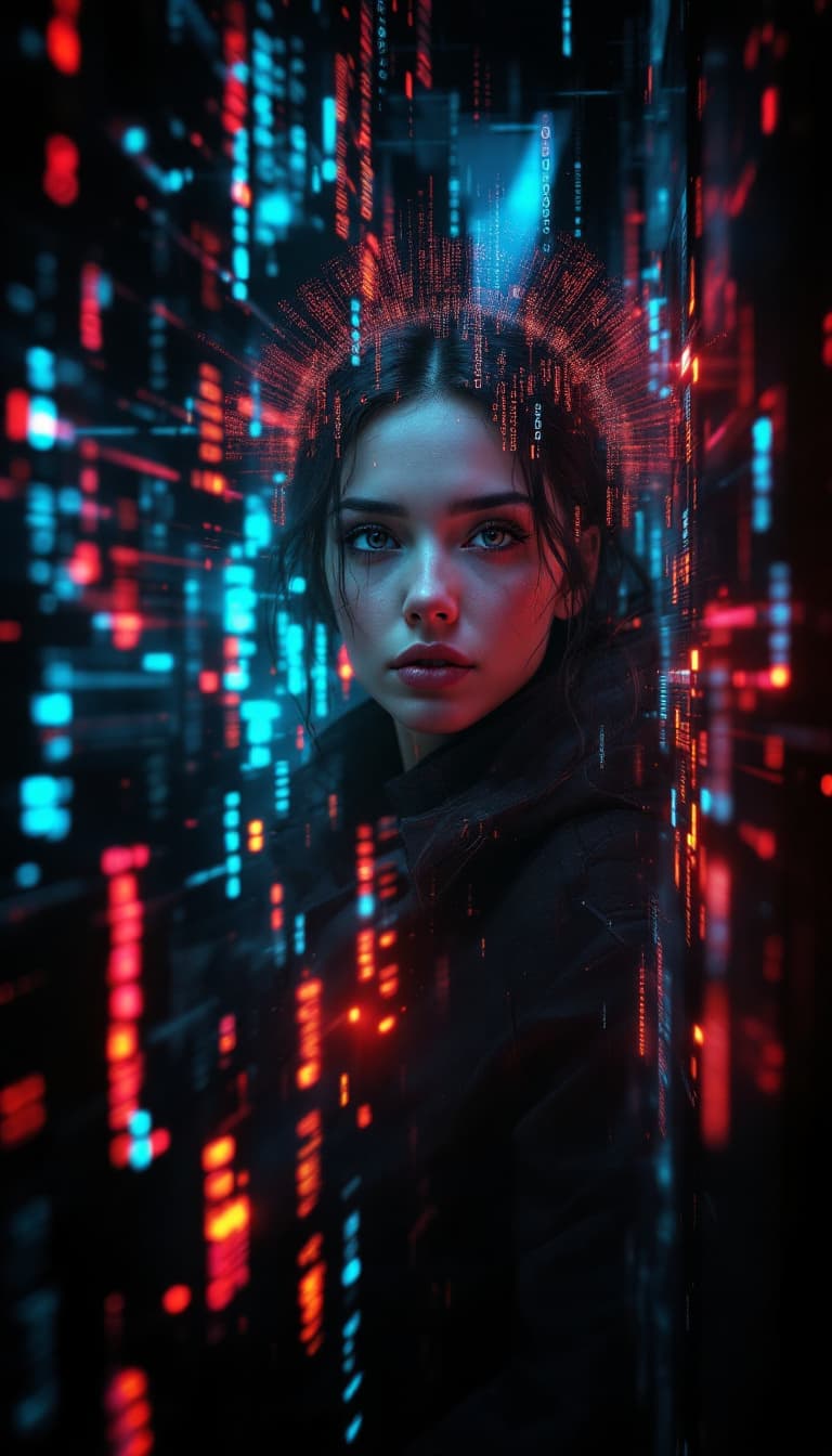 AI generated: Portrait of a futuristic cyberpunk cryptographer, centered, deciphering encoded messages, in a secur...