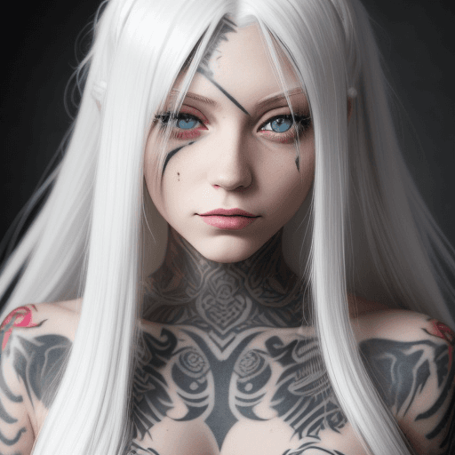 AI generated: girl with long white hair and grey eyes and tattoos