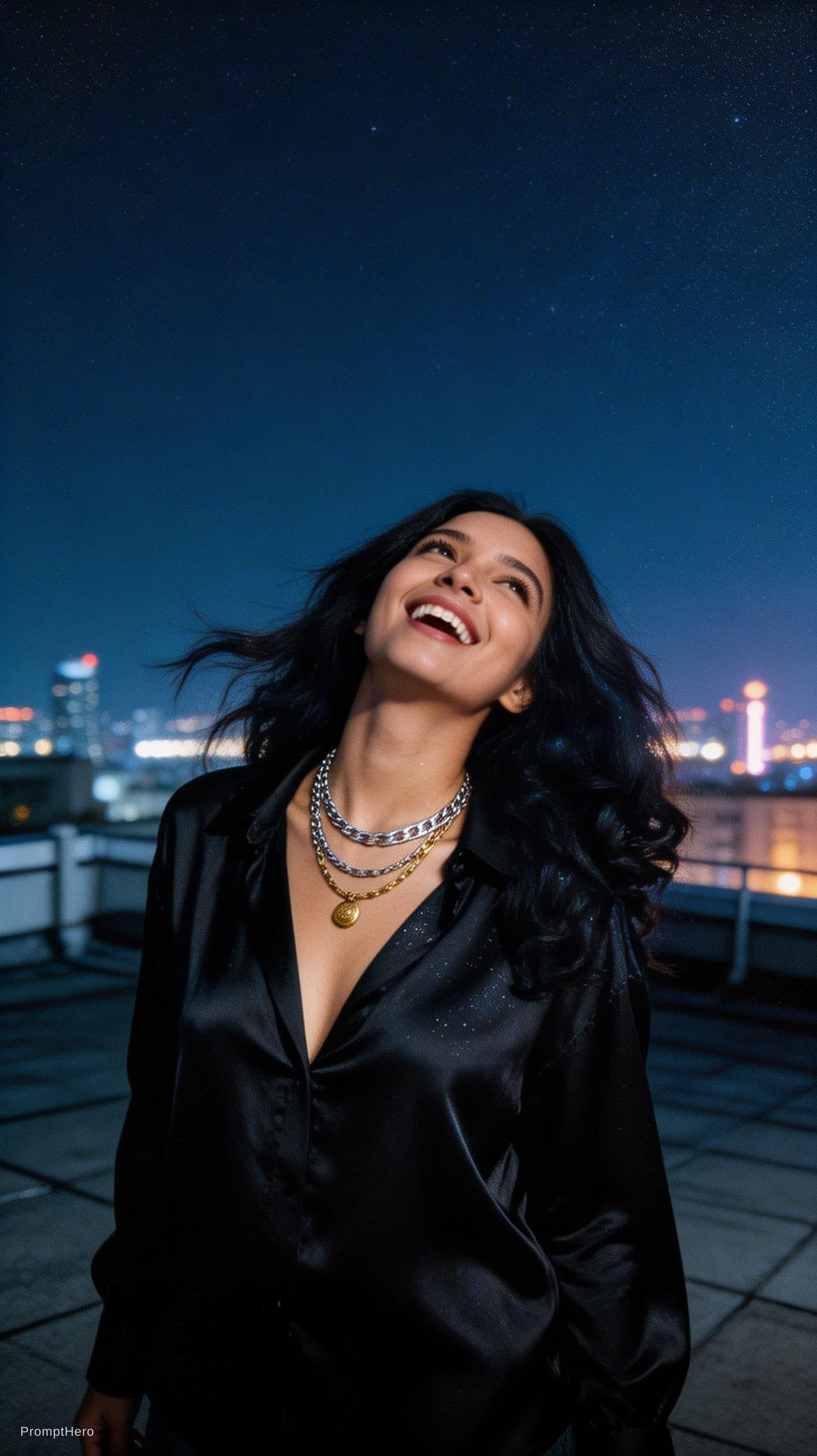 AI generated: A grainy, high-ISO rooftop documentary scene captures a tall, statuesque woman with long, dark, wind...