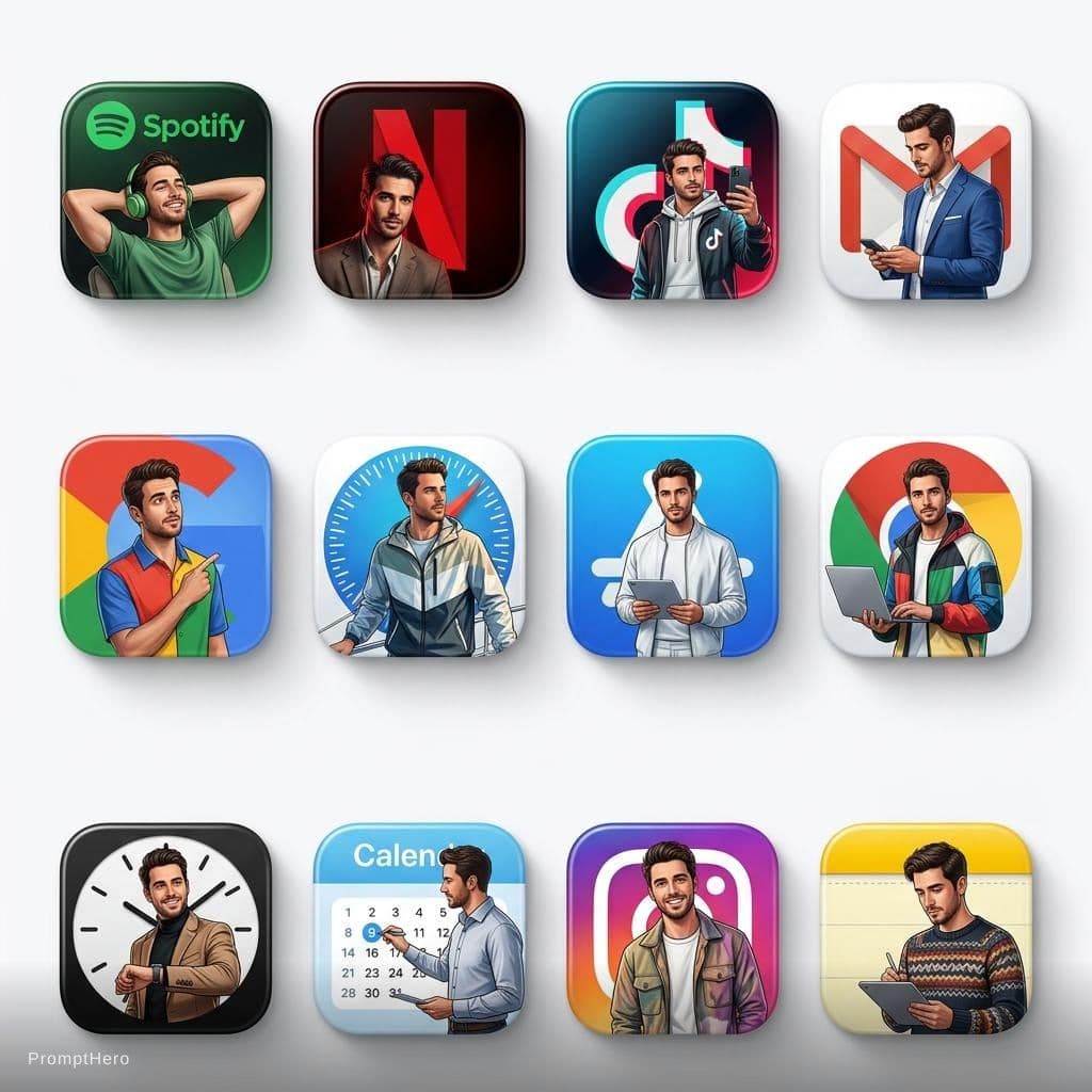 AI generated: Create a premium 3D grid of 12 square app icons arranged neatly on a clean white studio background. ...