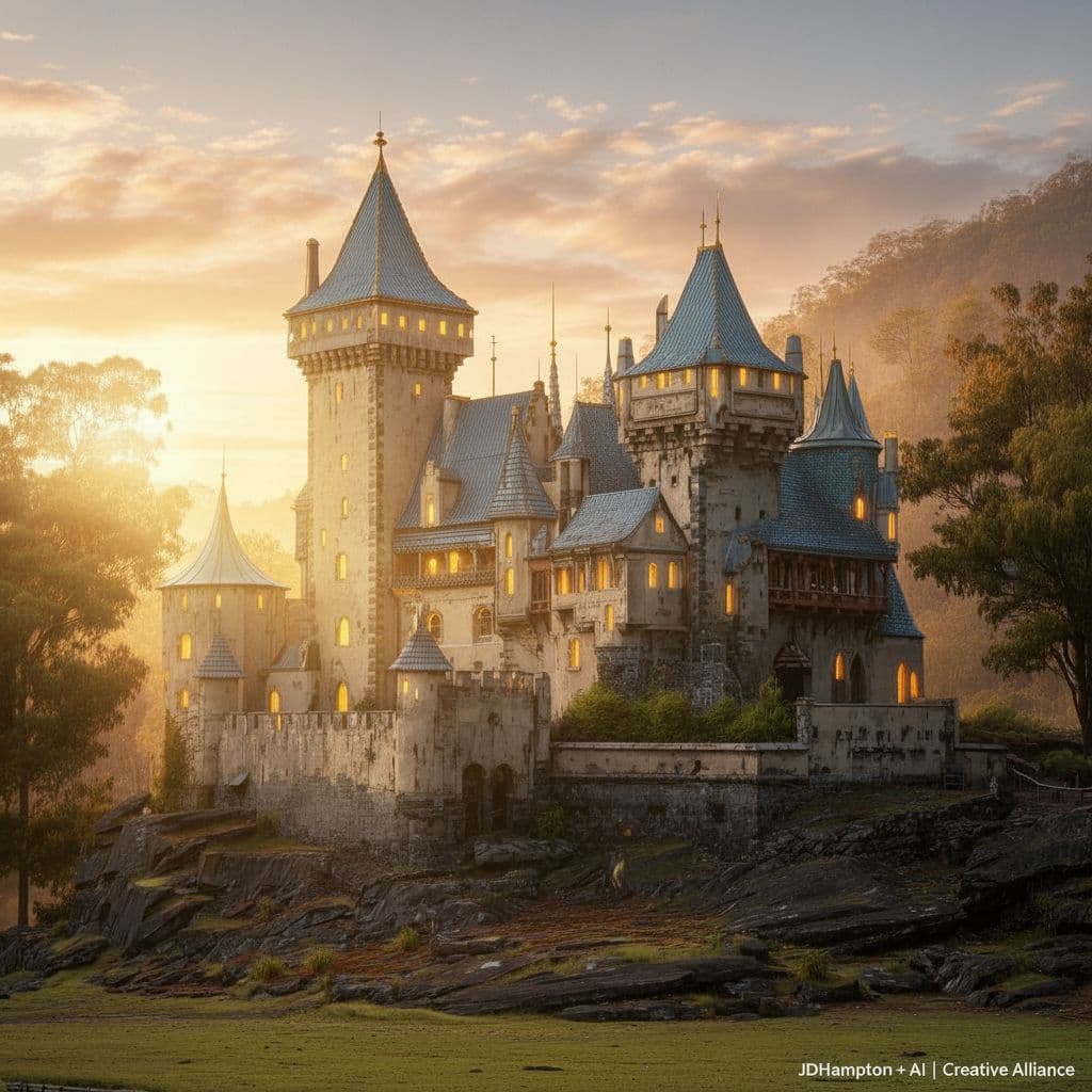 AI generated: Beautiful evening sunset combined with  a beautiful amazing castle, similar to the very amazing Karl...