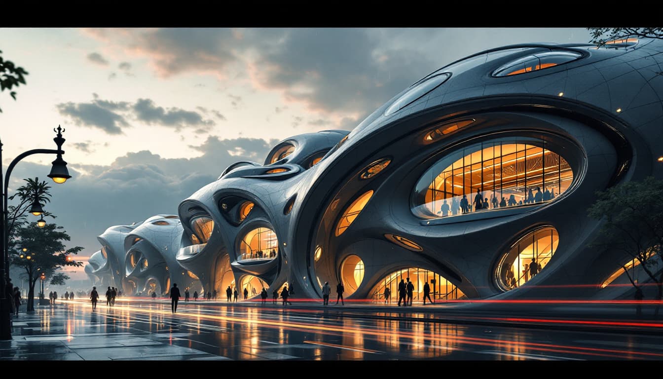 AI generated: futuristic architecture EXTERIOR BUILDING through your artistic High-contrast photography style Hype...