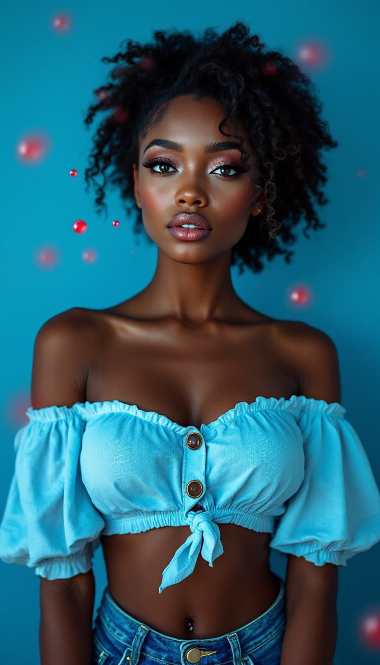 AI generated: photography, blue tone, mulatto model with beautiful and penetrating eyes, full body with mini blous...