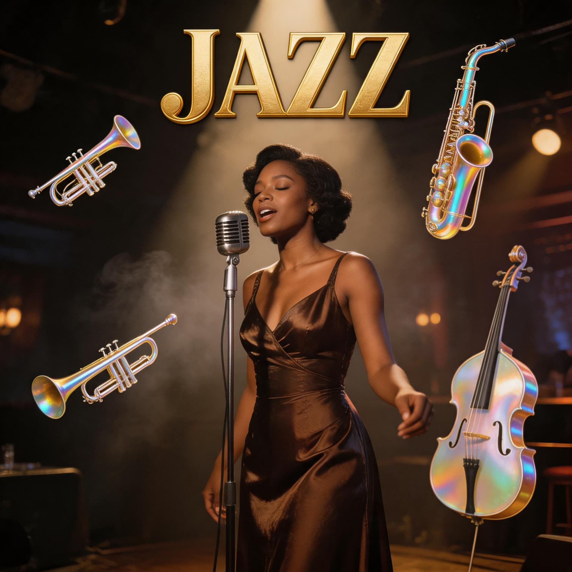 AI generated: image of iridescent jazz instruments floating around a dark-brown-sikinned jazz singer on stage at a...