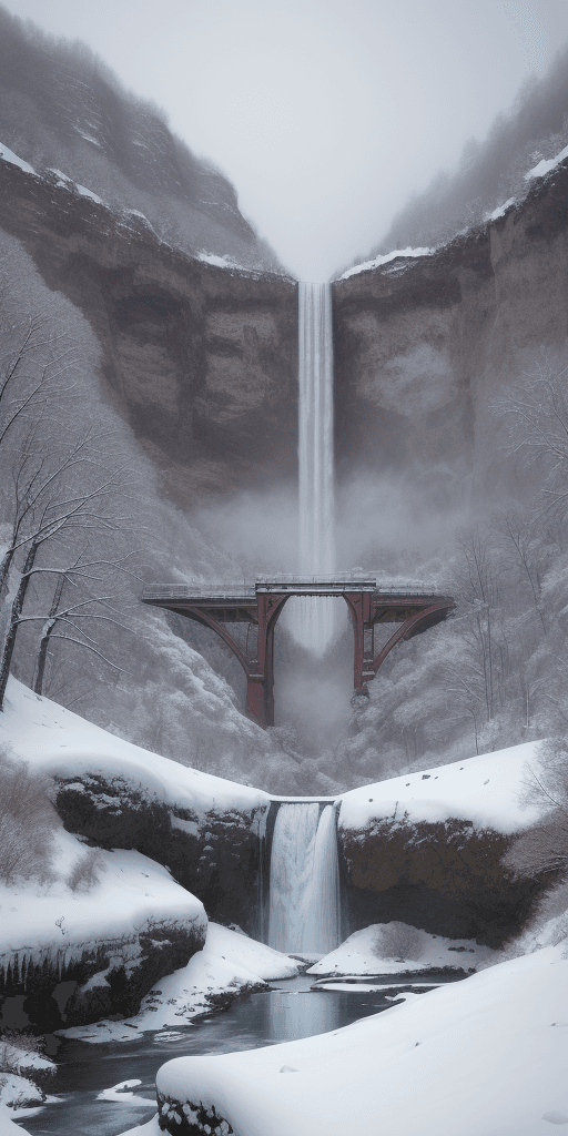 AI generated: a snowy winter landscape with waterfall in background