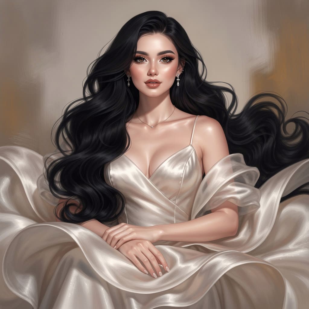 AI generated: Hyperrealistische illustration a beautiful woman with long black wavy hair in a flowing fluffy dress...