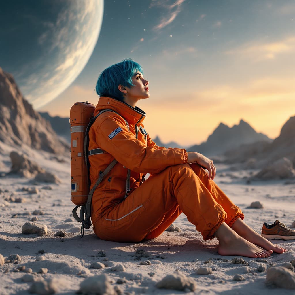 AI generated: Woman with short blue hair in orange spacesuit on planet with expanse of stones, sitting barefoot, l...