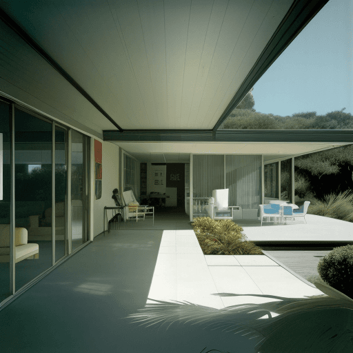 AI generated: Hyper realistic eye level exterior photo of a mid century modern style house overlooking the ocean, ...