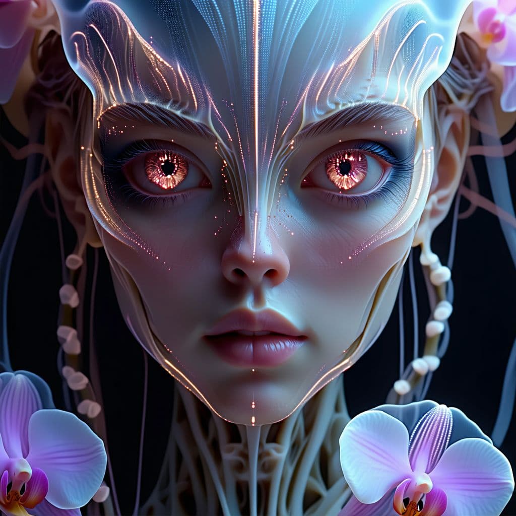 AI generated: Goddess close-up portrait ribcagel. jellyfish phoenix head, nautilus, orchid, skull, betta fish, bio...
