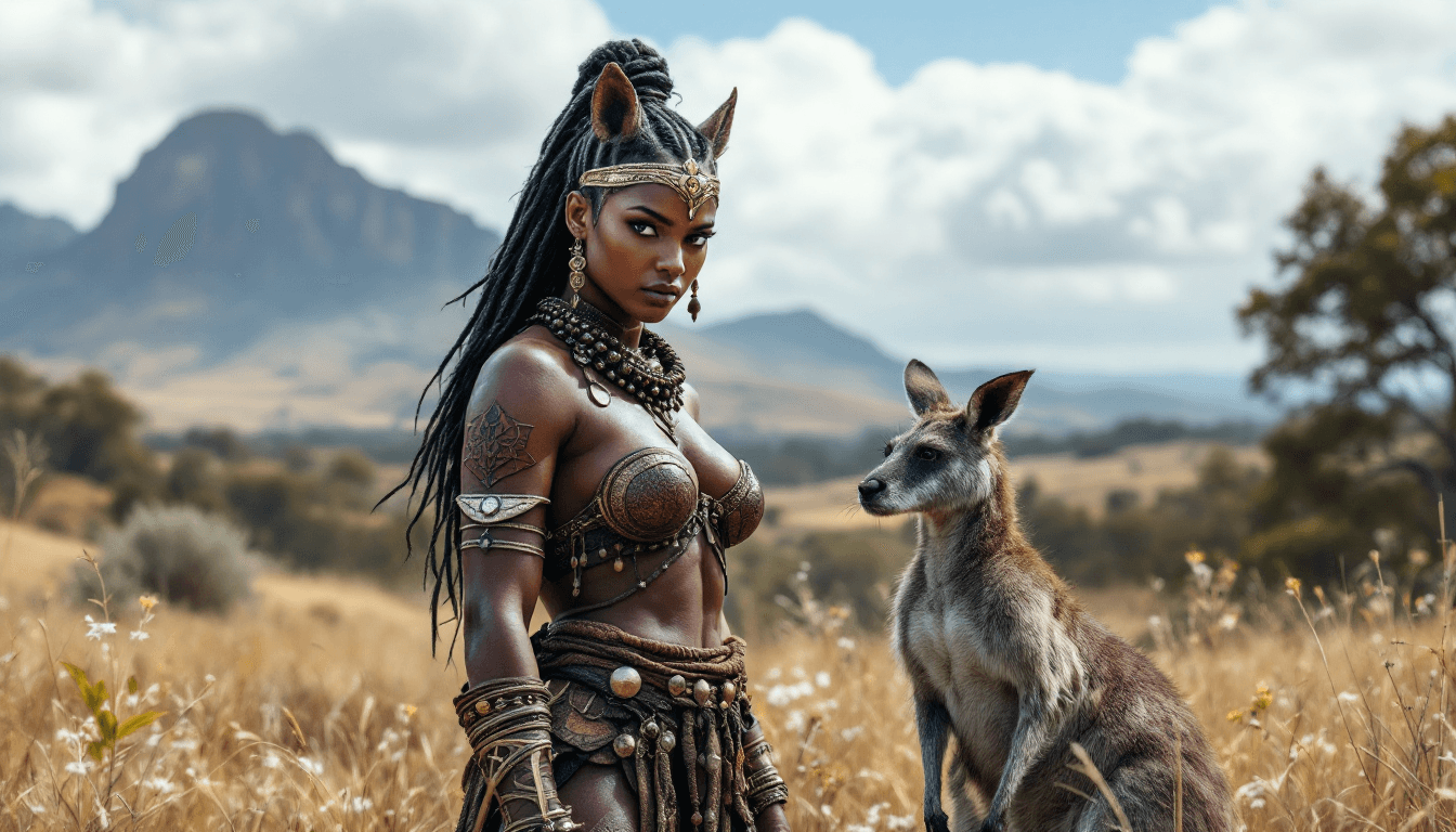 AI generated: High quality image of a warrior woman inspired by ancient Australian culture, standing in a beautifu...