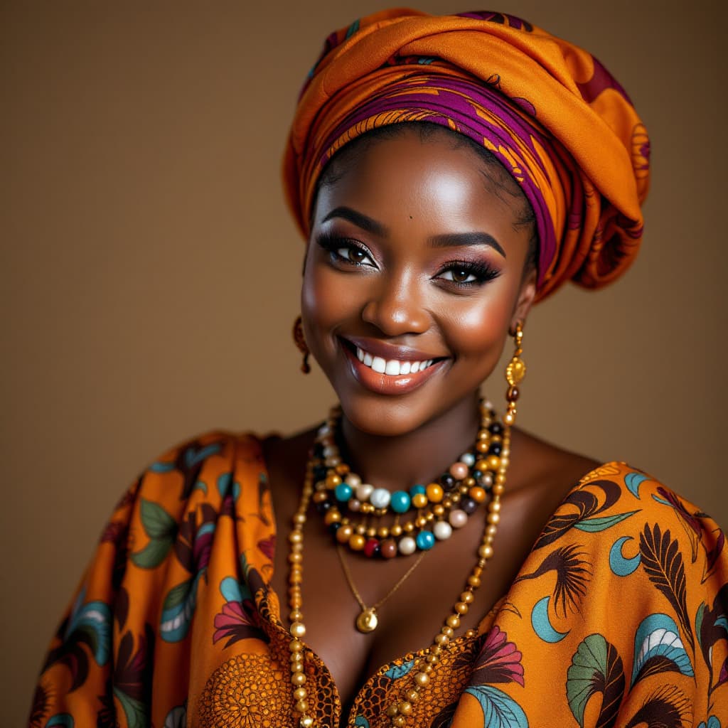 AI generated: A radiant smiling beautiful, gorgeous African Fulani woman in a MODERN, AFRICAN dressing outfit that...