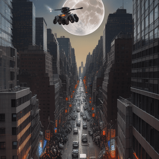 AI generated: An aerial view of militarized NYPD police robots in Manhattan, New York, humans running for their li...