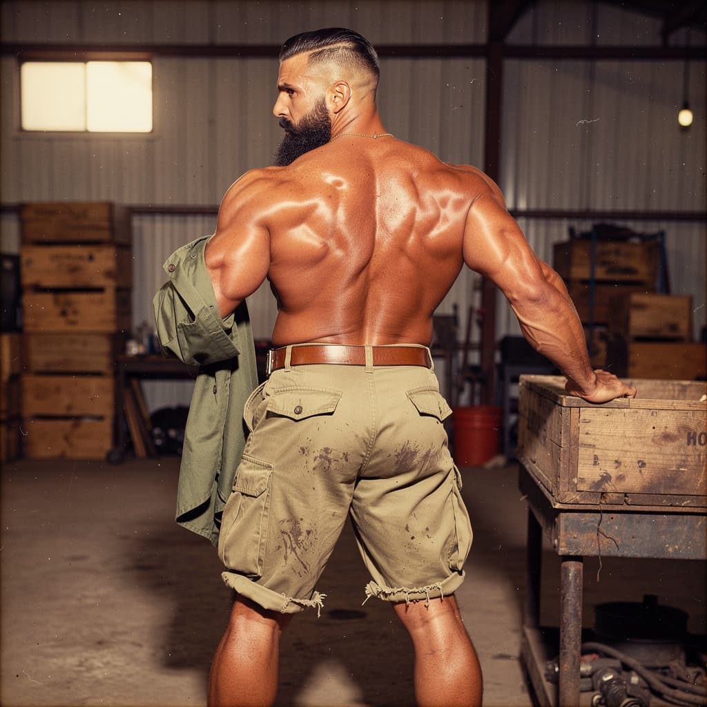 AI generated: Vintage 1950s color photograph muscular rugged man from behind, back view pose leaning on industrial...
