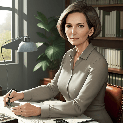 AI generated: hyper realistic photo, elegant 45-year-old woman sitting at her desk in her personal office, round f...