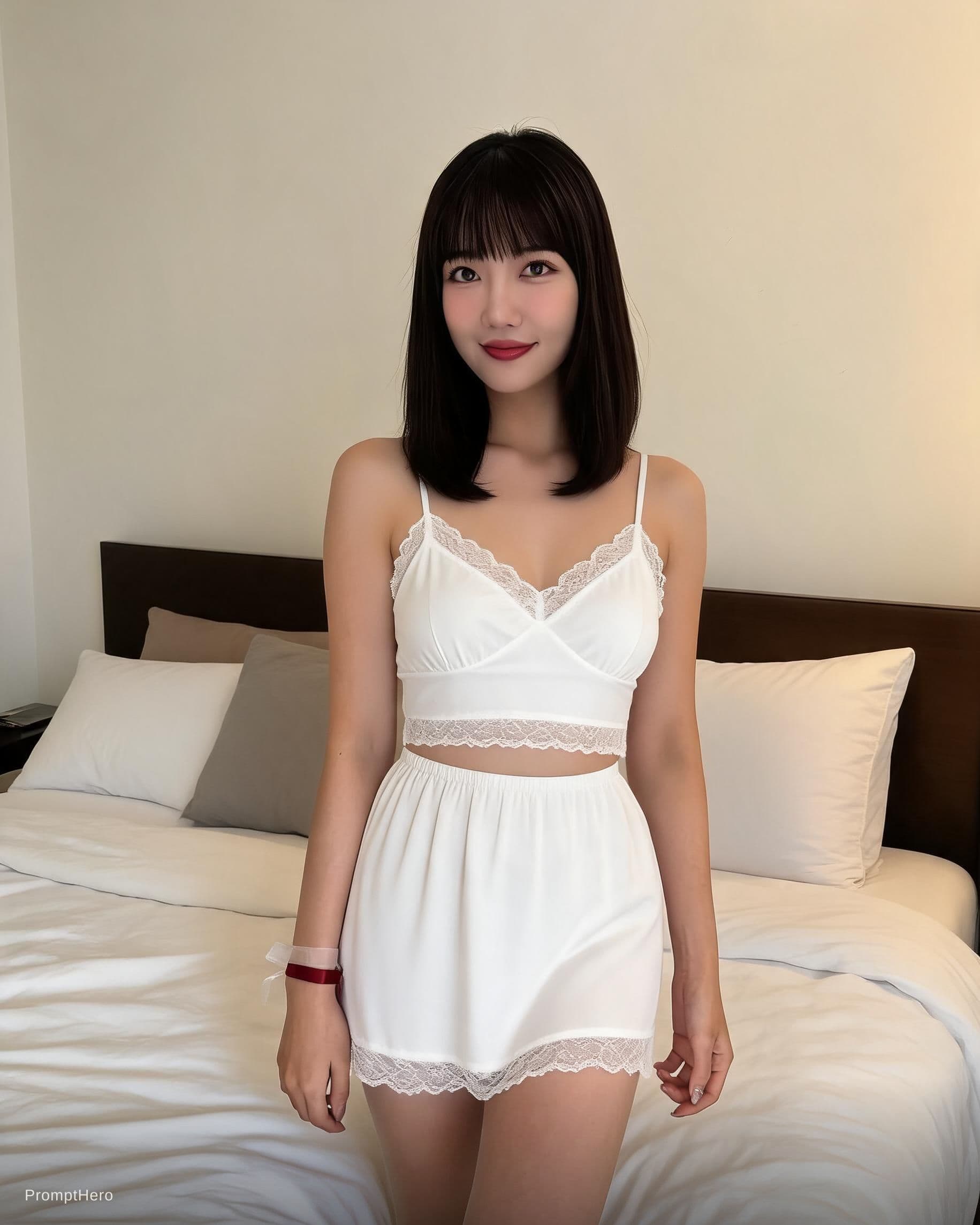 AI generated: girls is dressed in a two piece night gown dress in her bedroom with hair to shoulder length 
