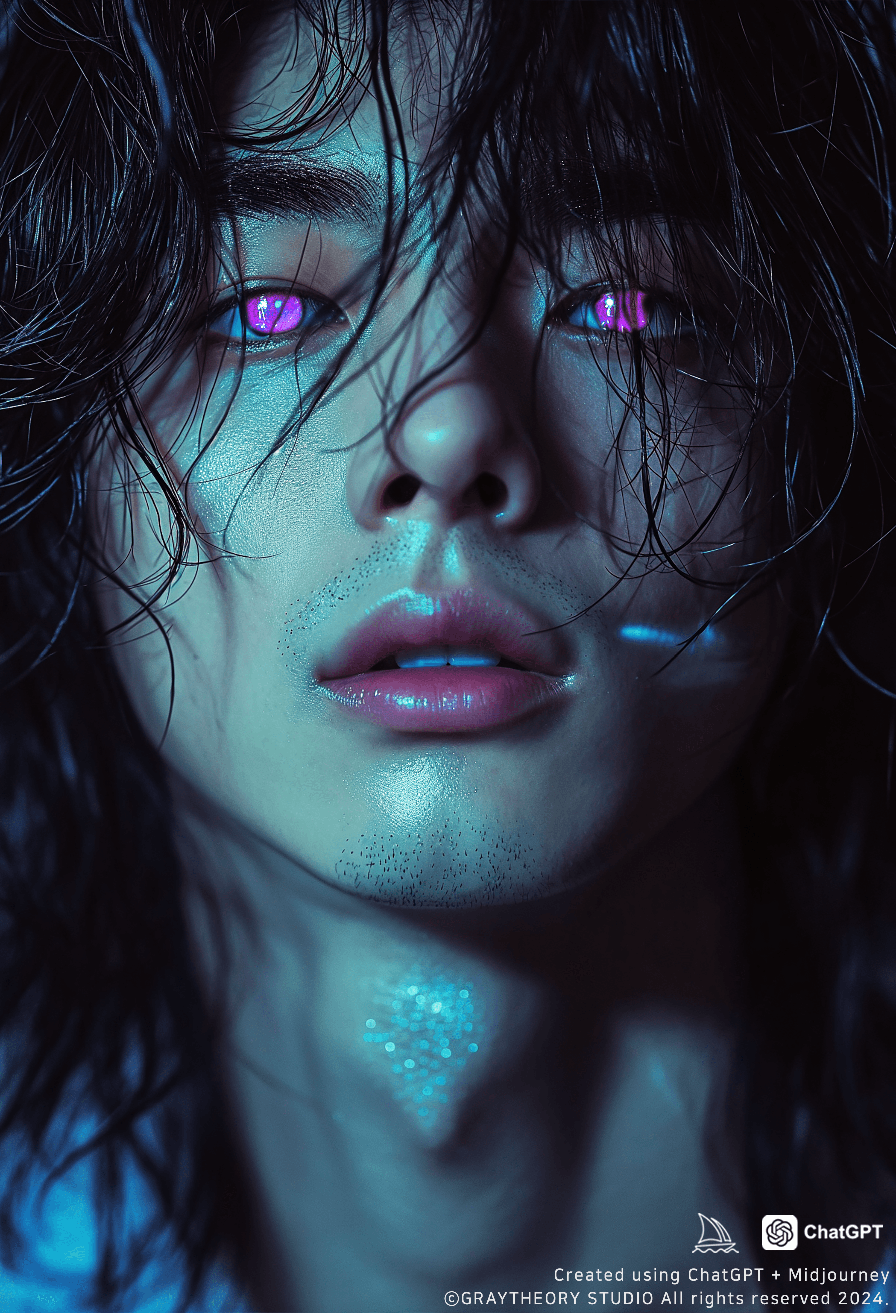 AI generated: photo featuring a young male model, jet black hair, using a 200mm f/4.0 lens, with dark gray and blu...