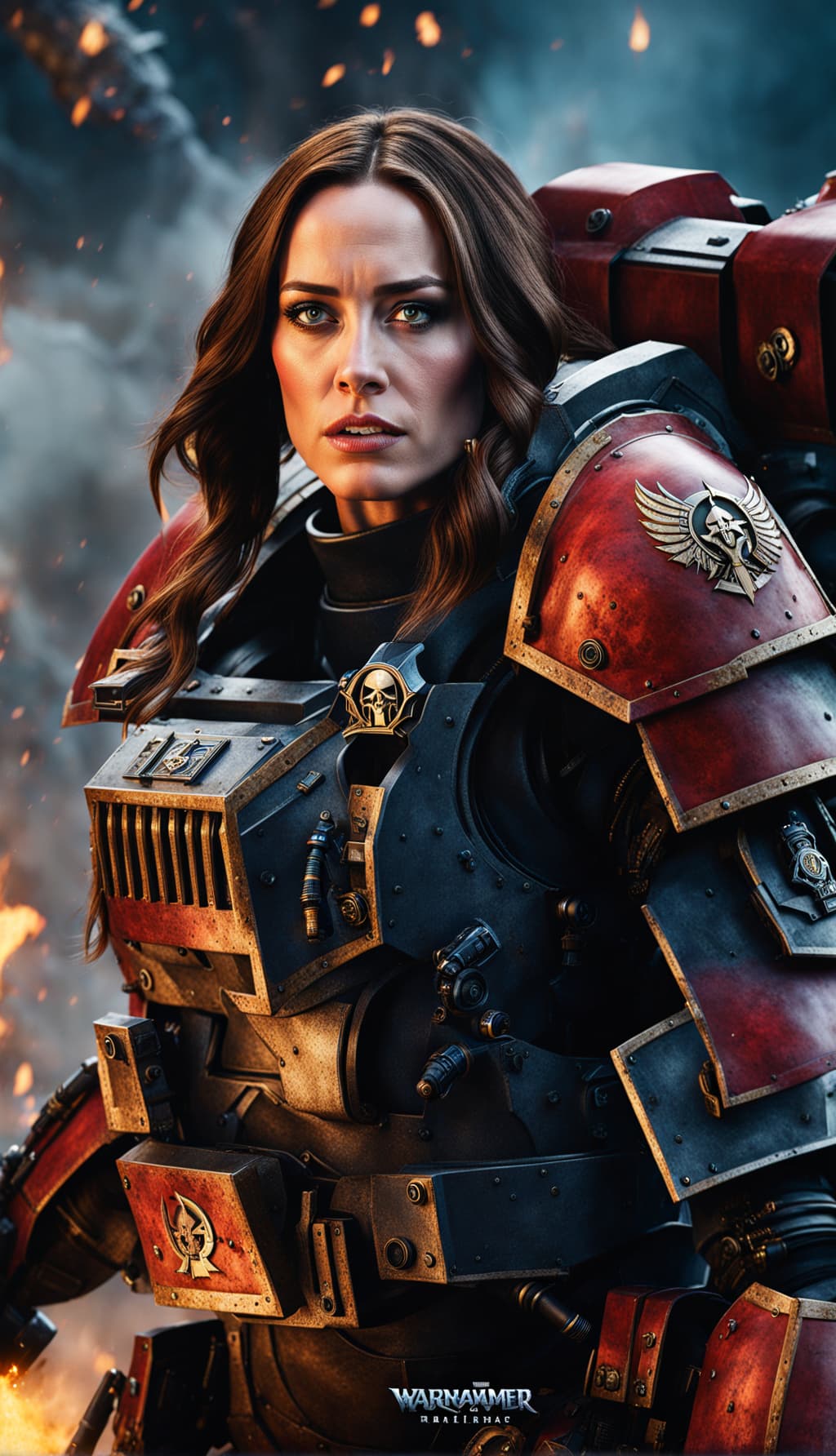 AI generated: 500mm portrait cinematic photo, Emily Blunt as a devout sister of battle in action-packed scene from...